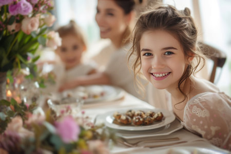 A cozy family gathering around a beautifully set Easter table.の素材