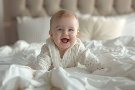 A Delightful Morning Scene, Adorable Baby Laughter in Bed.の素材
