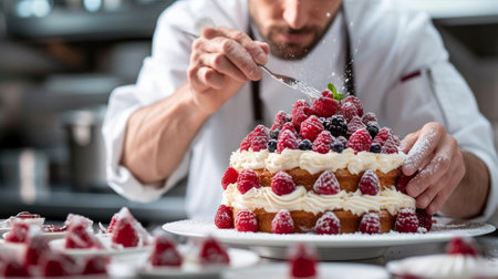 A master pastry chef intricately decorating a multi-layered cake with precision and flair.の素材