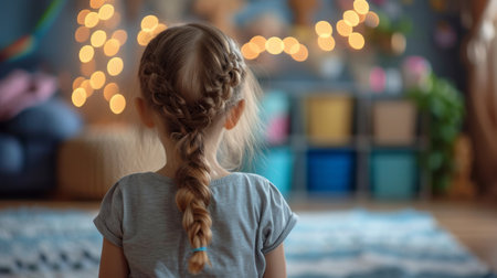 A little girl counts by bending her fingers. modern room from behind blurred background.の素材