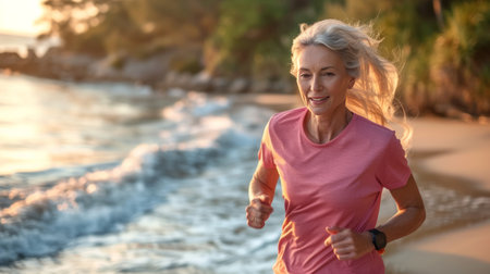 A middle-aged woman jogging along the shoreline of the beach.の素材