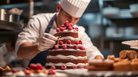 A master pastry chef intricately decorating a multi-layered cake with precision and flair.の素材