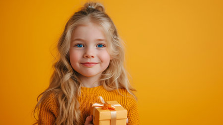 A young blonde girl holding a gift box in a studio with a yellow background.の素材