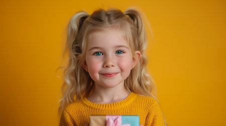 A young blonde girl holding a gift box in a studio with a yellow background.の素材