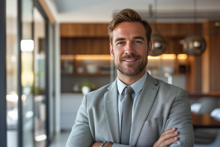 A skilled real estate agent showcasing a property with confidence and professionalism.の素材