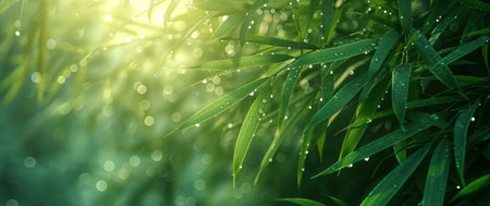 bamboo plants with dew droplets in sunlight.の素材