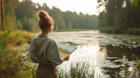 A young pretty artist paints a landscape while standing on the bank of a forest river.の素材