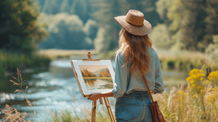A young pretty artist paints a landscape while standing on the bank of a forest river.の素材