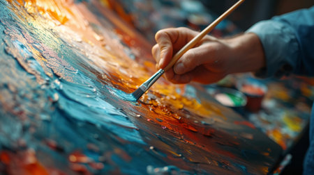 An artist paints a picture in his studio..の素材