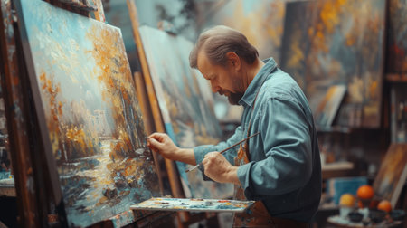 An artist paints a picture in his studio..の素材