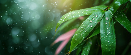 bamboo plants with dew droplets in sunlight.の素材