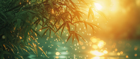 bamboo plants with dew droplets in sunlight.の素材