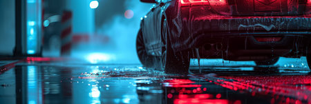 Beautiful dark background for a car wash advertisement with plenty of space for text and a blurred background.の素材