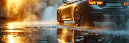 Beautiful dark background for a car wash advertisement with plenty of space for text and a blurred background.の素材