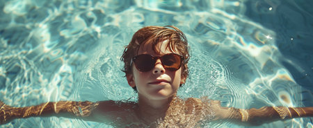 boy swimming in a swimming pool with sunglasses.の素材
