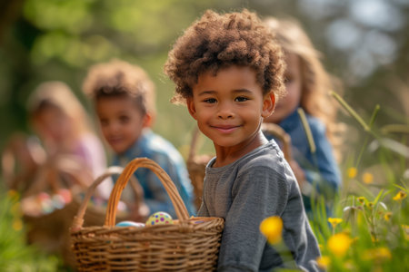 Children and adults eagerly preparing for an Easter egg hunt.の素材