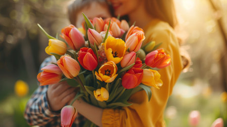 Dad and son give a bouquet of beautiful tulips to a woman in a yellow dress.の素材
