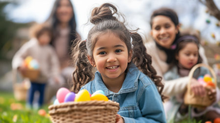 Children and adults eagerly preparing for an Easter egg hunt.の素材