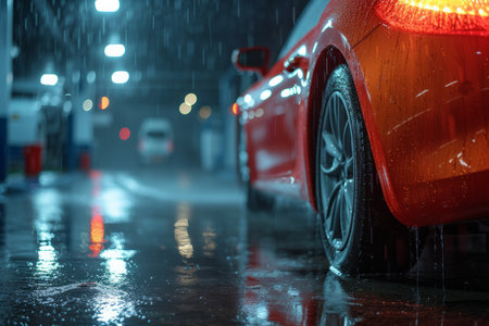 Beautiful dark background for a car wash advertisement with plenty of space for text and a blurred background.の素材