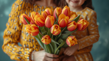 Dad and son give a bouquet of beautiful tulips to a woman in a yellow dress.の素材