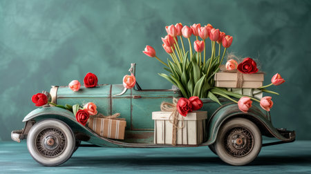 Decorative Vintage Car with Tulips and Gifts for March 8 on a Green Background in a Studio Setting.の素材