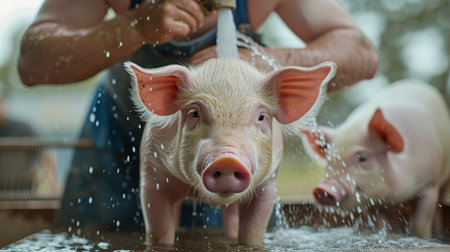 Farmer at a bright modern farm hosing down a pink pig.の素材