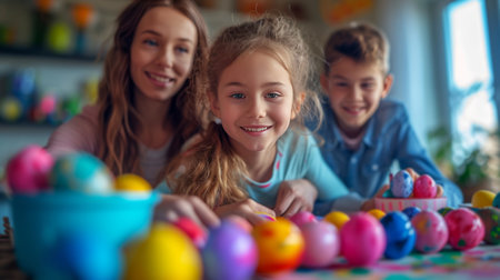 Enthusiastic individuals gathered around a table, delicately painting and decorating Easter eggs.の素材