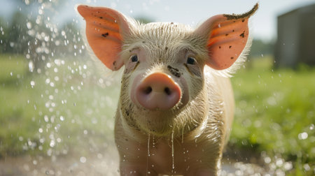 Farmer at a bright modern farm hosing down a pink pig.の素材