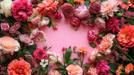 A meticulously arranged floral frame surrounds a blank center, offering an exquisite setting for text.の素材