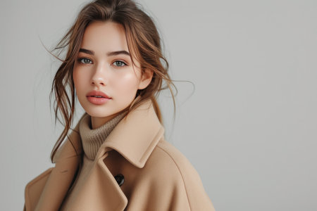 Photo of a beautiful model girl in beige clothes for advertising.の素材