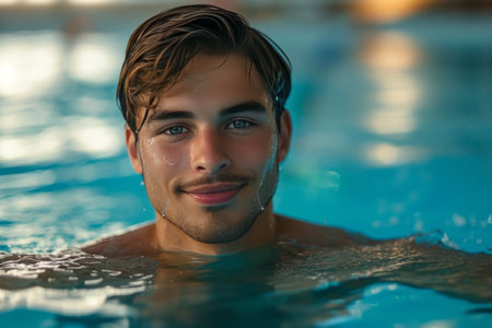 Handsome young athletic athlete looking at camera and smiling in blue swimming pool.の素材