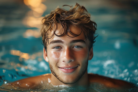 Handsome young athletic athlete looking at camera and smiling in blue swimming pool.の素材
