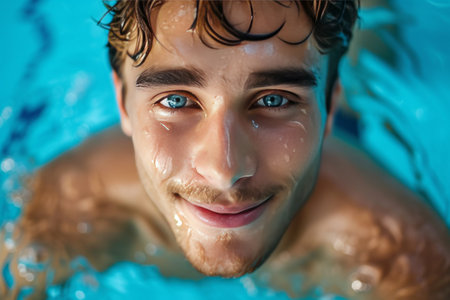 Handsome young athletic athlete looking at camera and smiling in blue swimming pool.の素材