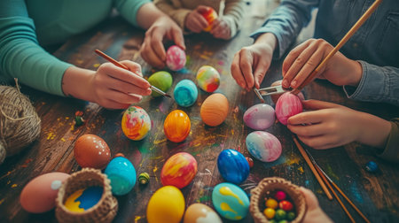 Enthusiastic individuals gathered around a table, delicately painting and decorating Easter eggs.の素材