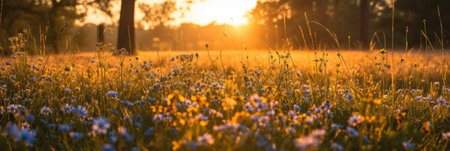 Sunlight bathes a meadow in bloom, creating a serene and picturesque setting.の素材
