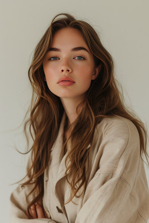 Photo of a beautiful model girl in beige clothes for advertising.の素材