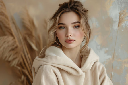 Photo of a beautiful model girl in beige clothes for advertising.の素材