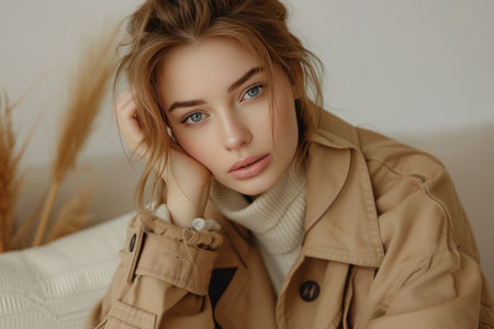 Photo of a beautiful model girl in beige clothes for advertising.の素材