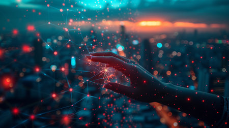 In this visual, we can see the hands fingers touching the network connections with a blurred city in the background.の素材