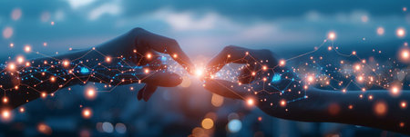 In this visual, we can see the hands fingers touching the network connections with a blurred city in the background.の素材