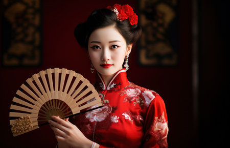 lady in traditional Chinese dress posing with fanの素材