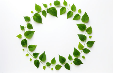 a circle of green leaves made on a white surface,の素材