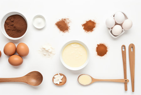 a background showing things like eggs, ingredients, and mixing utensils.の素材