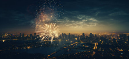 a bright firework light shining over the city.の素材
