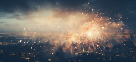 a bright firework light shining over the city.の素材