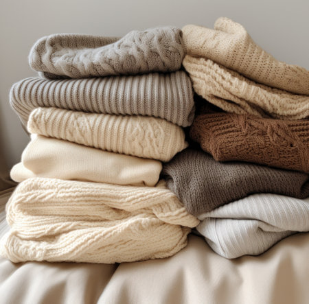 many different types of knitted garments are stacked together, iの素材