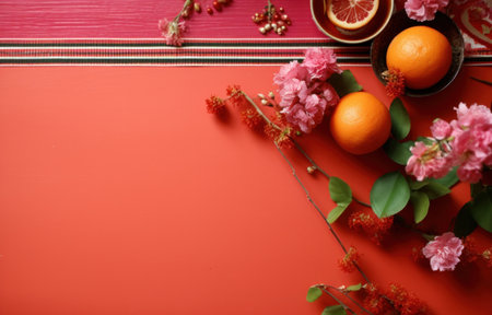 Flowers and oranges on a red background with a place for textの素材