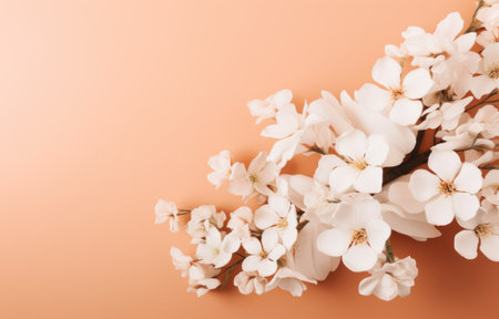 a beautiful arrangement of white flowers on a peachy background.の素材