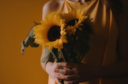 a bouquet of sunflowers are in a woman's hands.の素材
