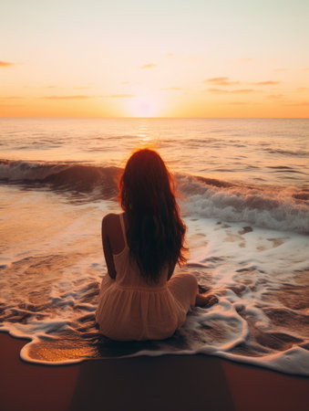 a person is sitting near the water at the beachの素材